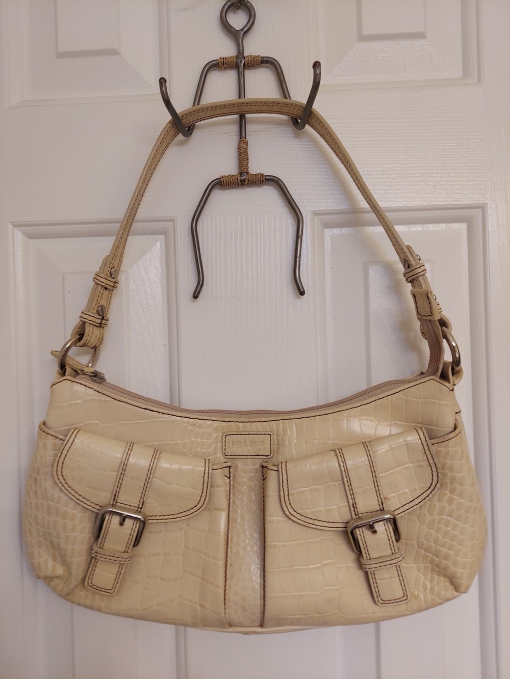 Prague Croc-Leather Beige Shoulder Bag with Front Buckle Pockets